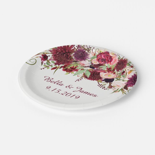 Marsala Red Burgundy Floral Wedding Paper Plate (Angled)