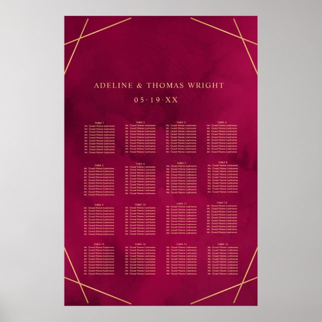 Marsala Red Burgundy Modern Wedding Seating Poster (Front)