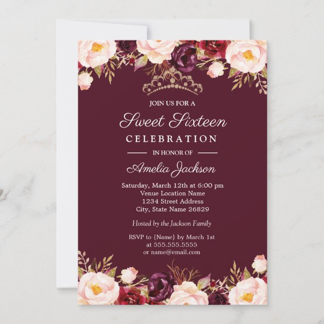 Marsala Red Burgundy Watercolor Floral Sweet 16 Invitation (Front)