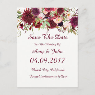 Marsala Red Floral Wedding Save the Date Postcard