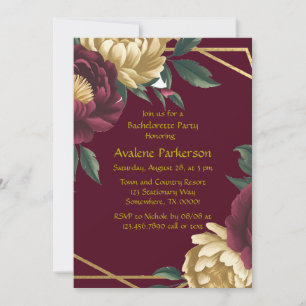 Marsala Red Gold Peony Geometric Bachelorette Part Invitation