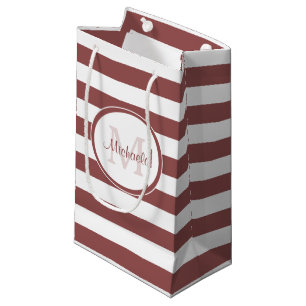Marsala Red Monogrammed Name and Striped Pattern Small Gift Bag