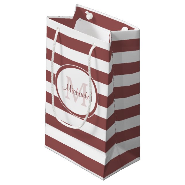 Marsala Red Monogrammed Name and Striped Pattern Small Gift Bag (Front Angled)