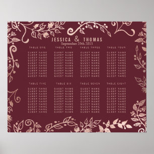 Marsala Red Rose Gold Floral Seating Chart