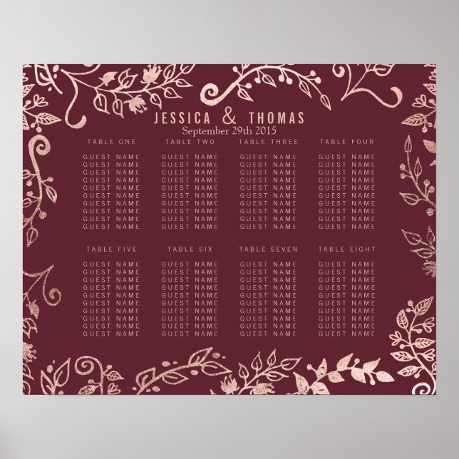 Marsala Red Rose Gold Floral Seating Chart (Front)