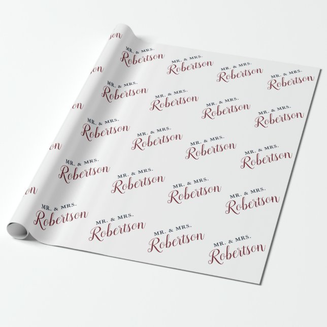 Marsala Red Script Mr & Mrs Wedding Personalised Wrapping Paper (Unrolled)