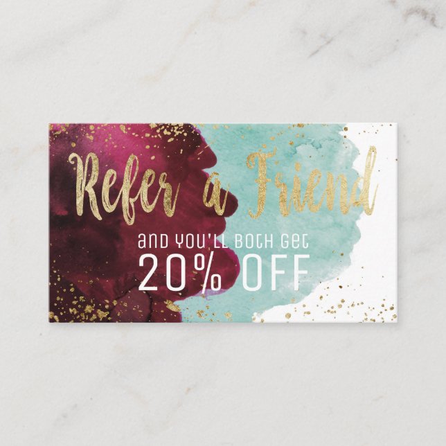 Marsala Red Teal Watercolor Gold Loyalty Referral (Front)