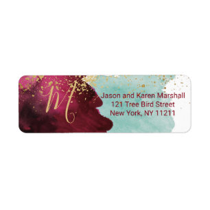 Marsala Red Teal Watercolor Gold Splash Address Return Address Label