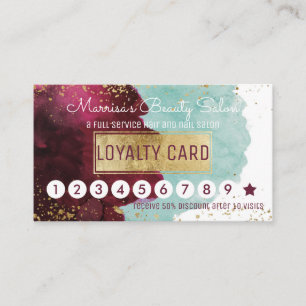 Marsala Red Teal Watercolor Loyalty Discount Punch Card