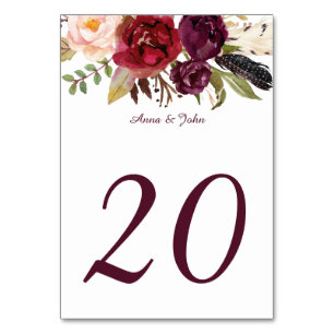 Marsala Red White Roses Feathers Boho Table Cards
