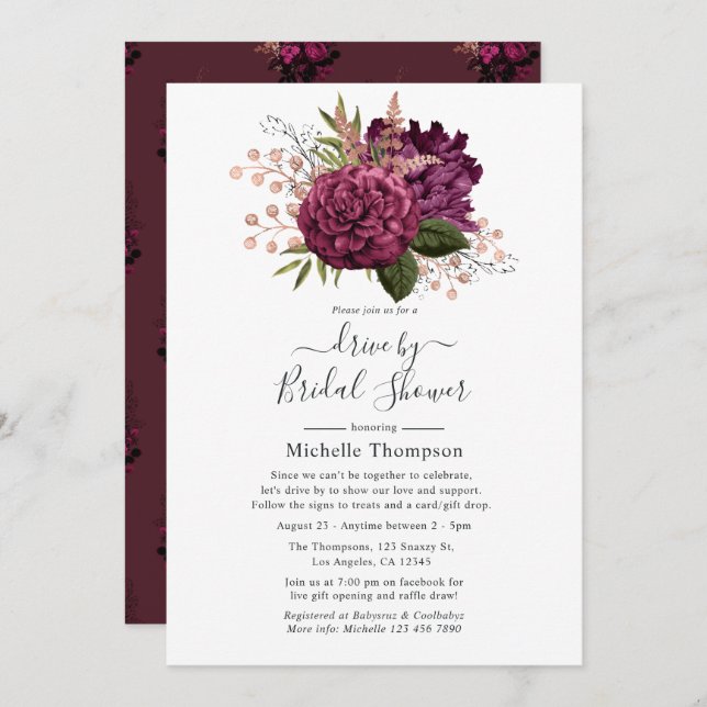 Marsala & Rose Gold Floral Virtual Drive By Shower Invitation (Front/Back)