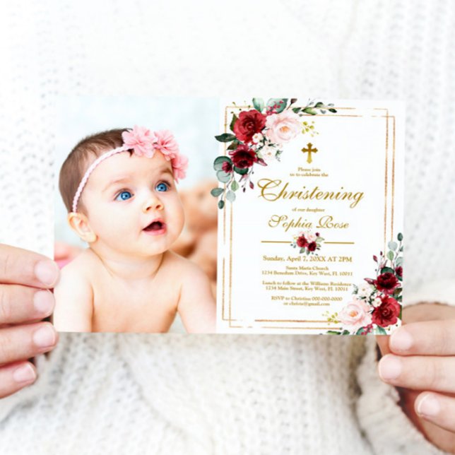 Marsala Rose & Gold Frame Photo Girl Christening Invitation (Creator Uploaded)