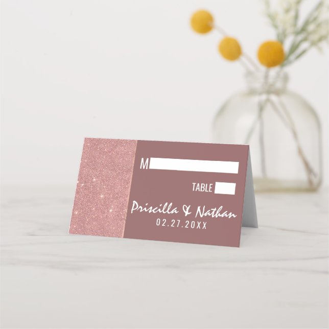 Marsala Rose Gold Glitter Colour Block Place Cards (Front)