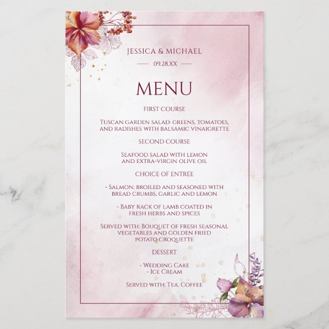 Marsala Rose Gold Watercolor Elegant Wedding Menu (Front)