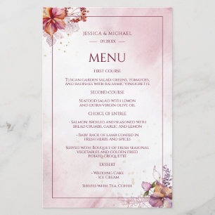 Marsala Rose Gold Watercolor Elegant Wedding Menu