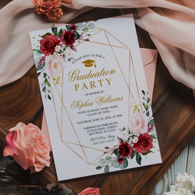 Marsala Rose Graduation Party Girly Floral Invitation (Creator Uploaded)