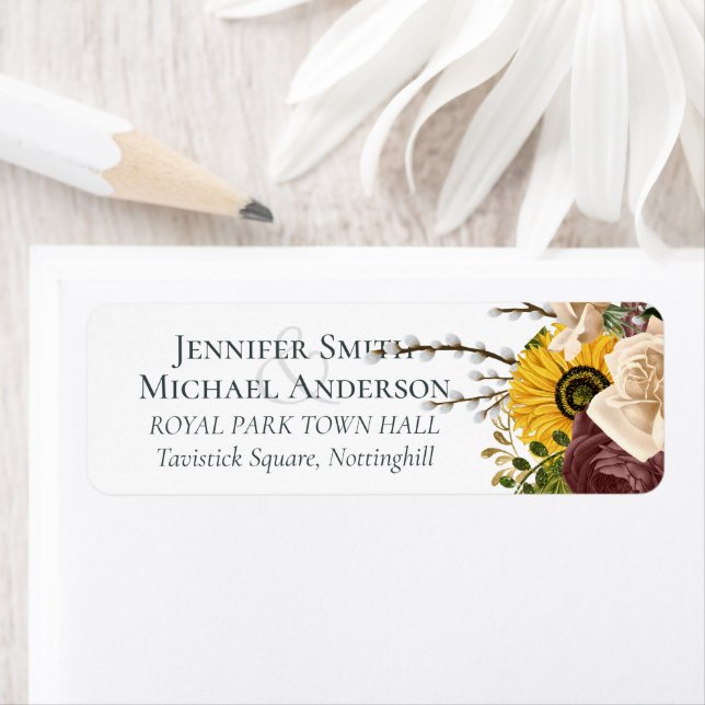 Marsala Roses Sunflowers Budget Cheap Wedding Return Address Label (Insitu)