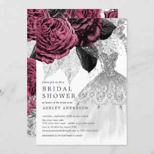 Marsala Silver Floral Wedding Dress Bridal Shower Invitation