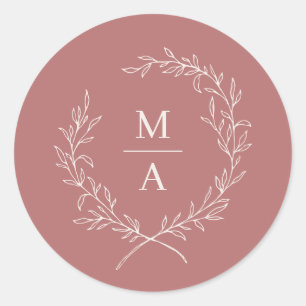 Marsala Simple Elegant Laurel Wreath Monogram Classic Round Sticker
