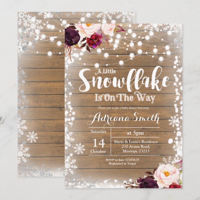 Marsala snowflake is on the way baby shower invitation (Front/Back)