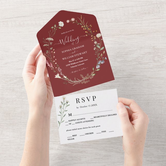 Marsala Watercolor Wildflower Simple Wedding All In One Invitation (Tearaway)