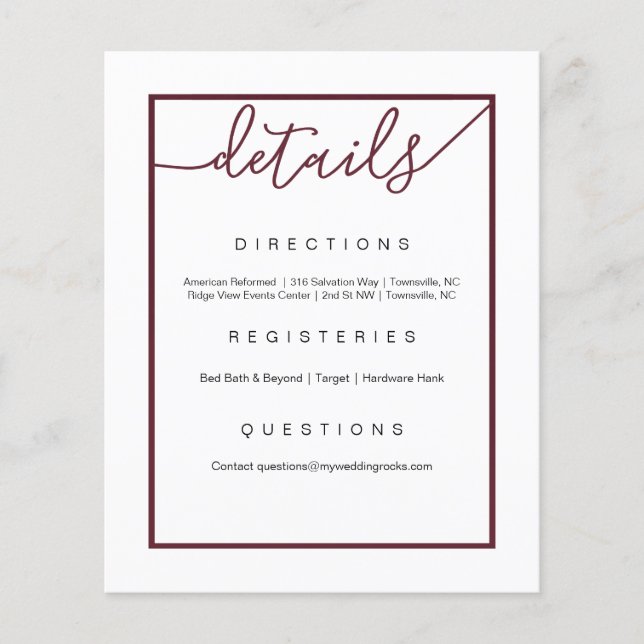 Marsala Wedding Details Flyer, Wine Accents Flyer (Front)