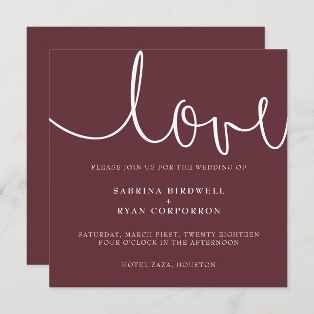 Marsala + white classic elegant wedding invitation (Front/Back)