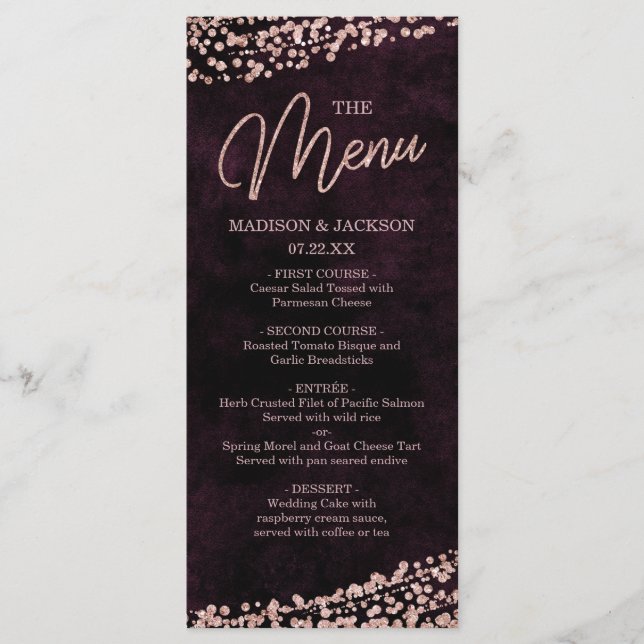 Marsala Wine & Rose Gold Confetti Wedding Menu (Front)
