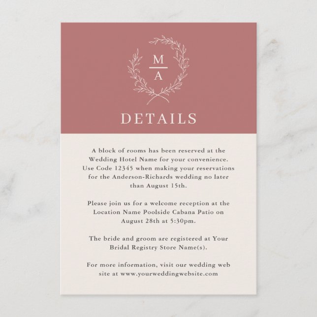 Marsala Wine Simple Elegant Monogram Details Enclosure Card (Front)