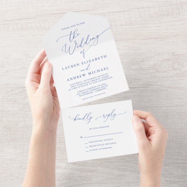 Marseille Bleu and White Minimalist Wedding All In One Invitation (Tearaway)