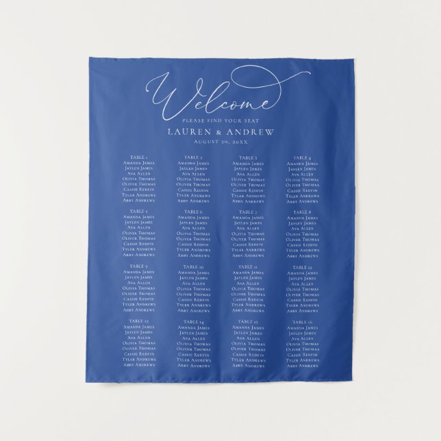 Marseille Bleu Minimalist Wedding Seating Chart Tapestry (Front)
