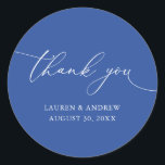 Marseille Bleu Minimalist Wedding Thank You Classic Round Sticker<br><div class="desc">Our modern minimalist thank you sticker/seal has "thank you" written in modern calligraphy script and can be fully customised with your name,  dates and background colour.</div>