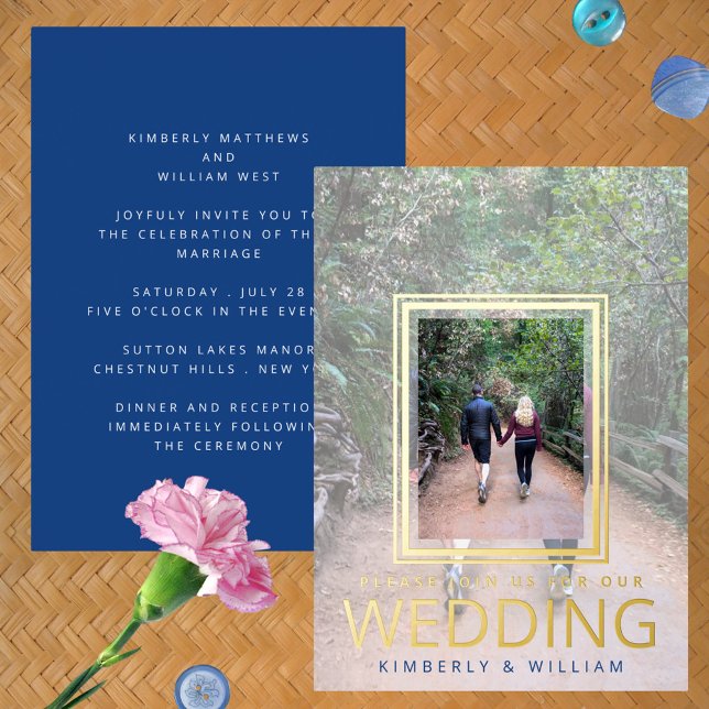 Marseille Bleu Modern Minimal Photo Wedding (These Marseille Bleu Modern Wedding Invitations are printed with accents of real gold foil)