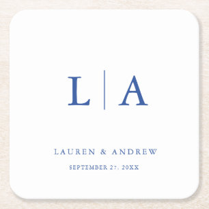 Marseille Bleu Monogram Elegant Simple Wedding Square Paper Coaster