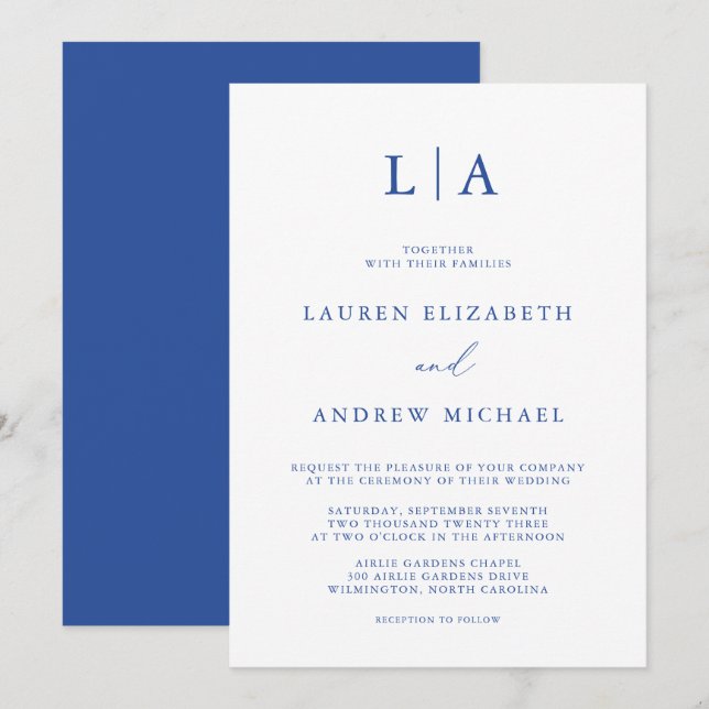 Marseille Bleu Monogram Simple Minimalist Wedding Invitation (Front/Back)