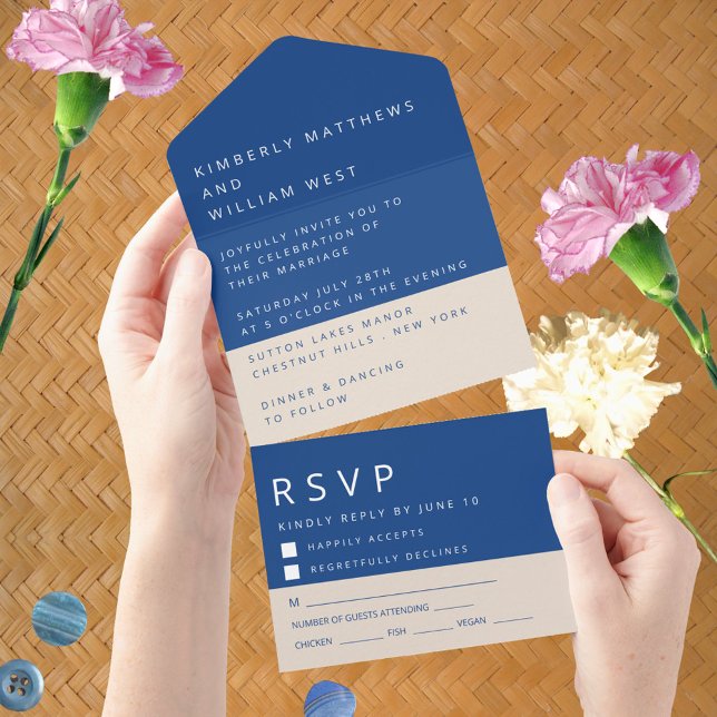 Marseille Bleu Simple Modern Wedding RSVP All In One Invitation (Marseille Bleu all in one invitation with a convenient RSVP card built right in)