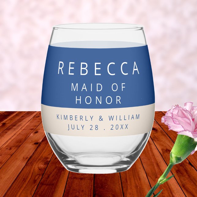 Marseille Bleu Wedding Name Bridal Party Favour Stemless Wine Glass (Marseille Bleu Modern Wedding Stemless Wine Glass For Bridal Party Gifts Or Wedding Favors)