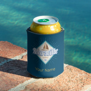 Marseille city France retro sailing ship vintage Can Cooler