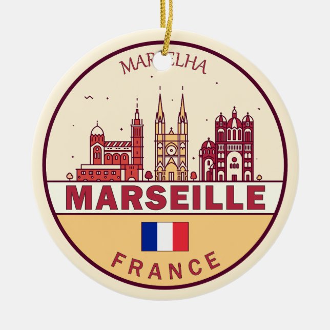 Marseille France City Skyline Emblem Ceramic Ornament (Front)
