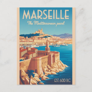 Marseille France Retro Style Cityscape Travel Postcard