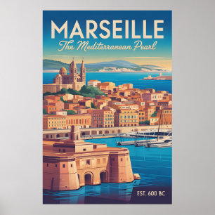 Marseille France Retro Style Cityscape Travel Poster