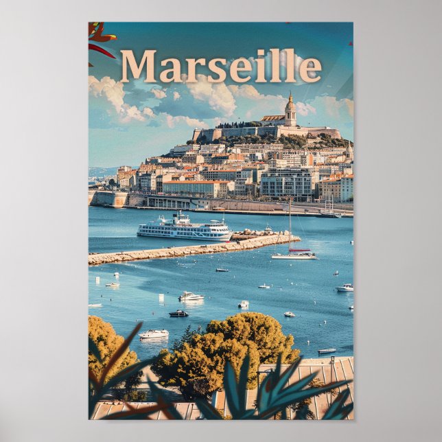 Marseille France Vintage Retro Travel Illustration Poster (Front)