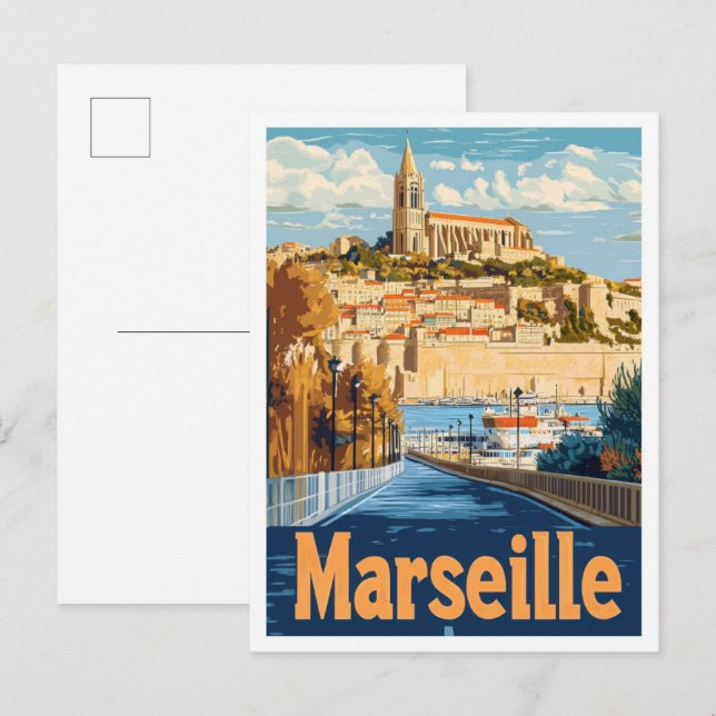Marseille France Vintage Travel Illustration Postcard (Front/Back)