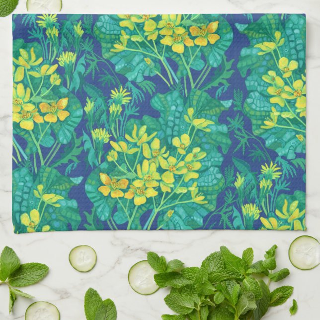 Marsh Marigold Wildflowers Yellow Flowers Pattern Tea Towel (Folded)