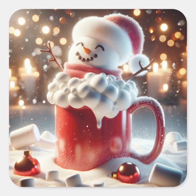 Marshmallow Snowman In Hot Chocolate Square Sticker (Front)