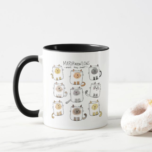 MARSHmeowLOWS Whimsical Wordplay Cat Marshmallows Mug (With Donut)