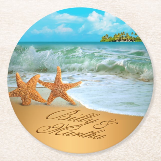 Martha Starfish Couple ASK 4 YOUR NAMES IN SAND Round Paper Coaster (Front)