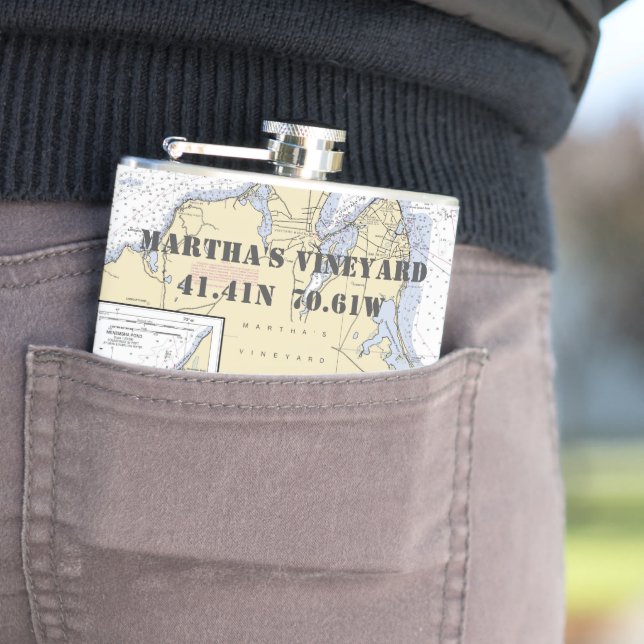 Martha's Vineyard Latitude Longitude Nautical Hip Flask (In Situ)