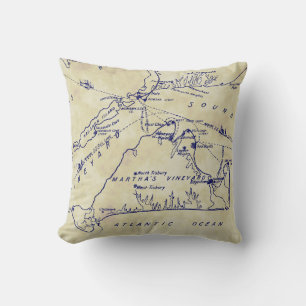 Martha's Vineyard Vintage Map #1 Navy Blue Tea Stn Cushion