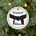 Martial Arts 2nd Degree Black Belt Red Ceramic Ornament<br><div class="desc">The unique Martial Arts Second Degree Black Belt Round Ornament can be personalised with the name of your martial artist and year of their achievement to commemorate a 2nd Dan black belt promotion test or exam. This one of a kind custom sports Christmas ornament features a digitally enhanced photograph of...</div>